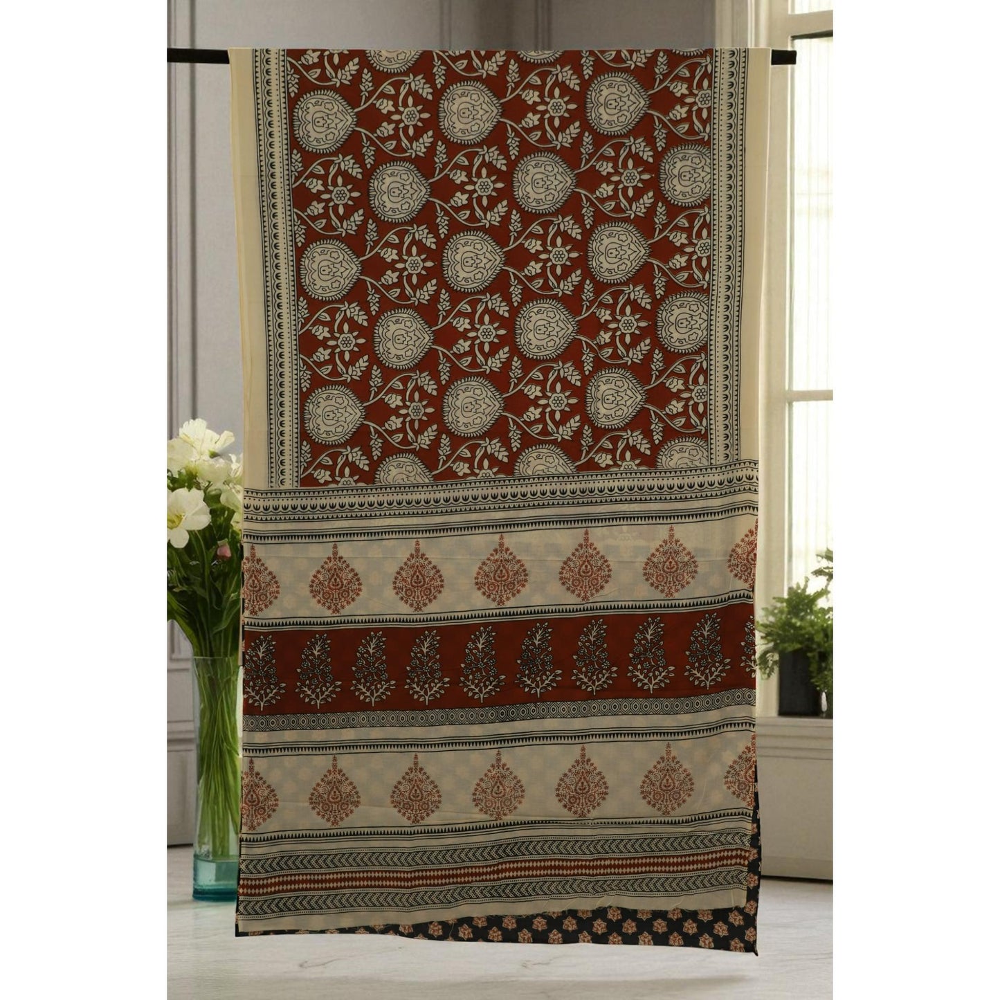 Rust Beige Floral Print Mul Cotton Saree
