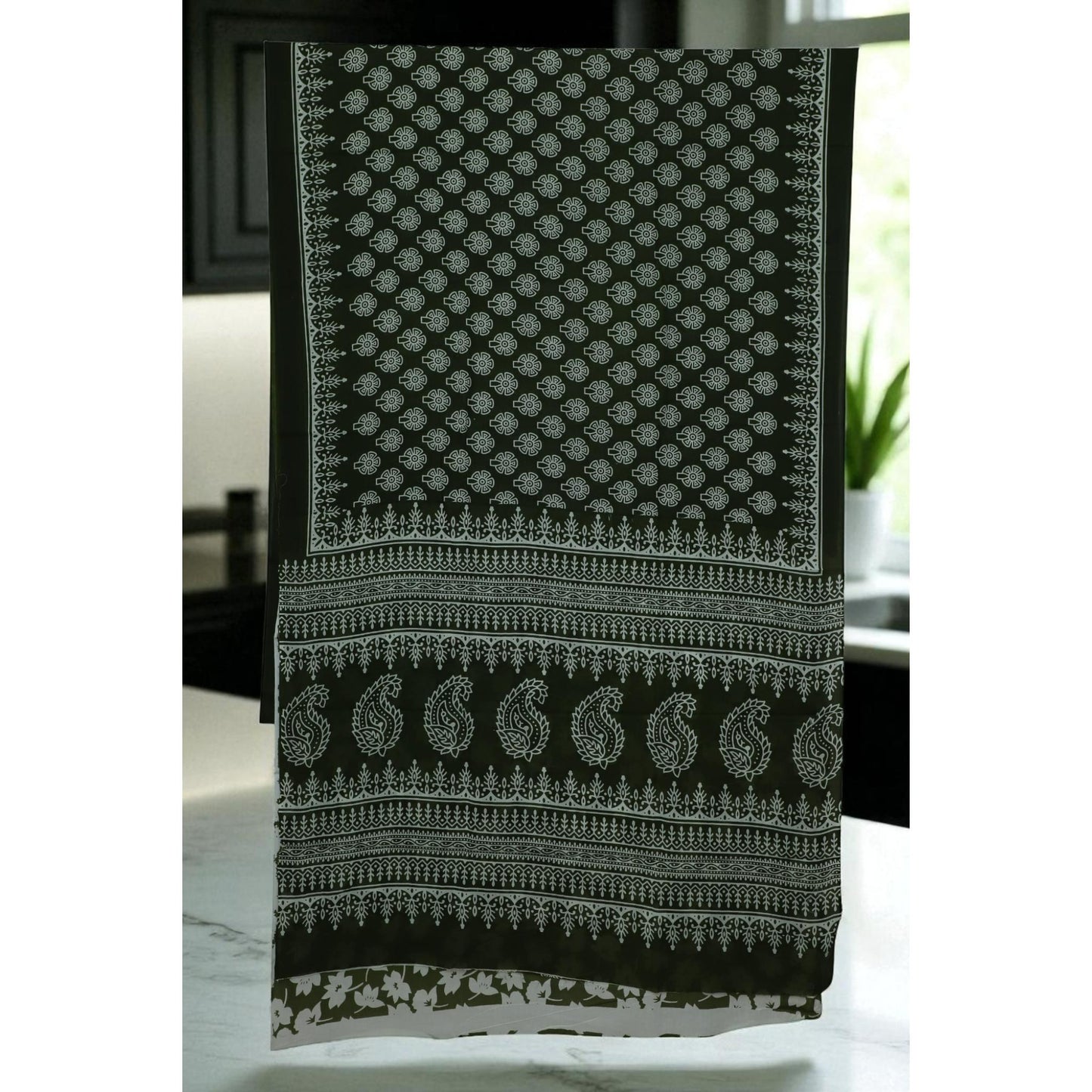 Green & White Mul Cotton Saree