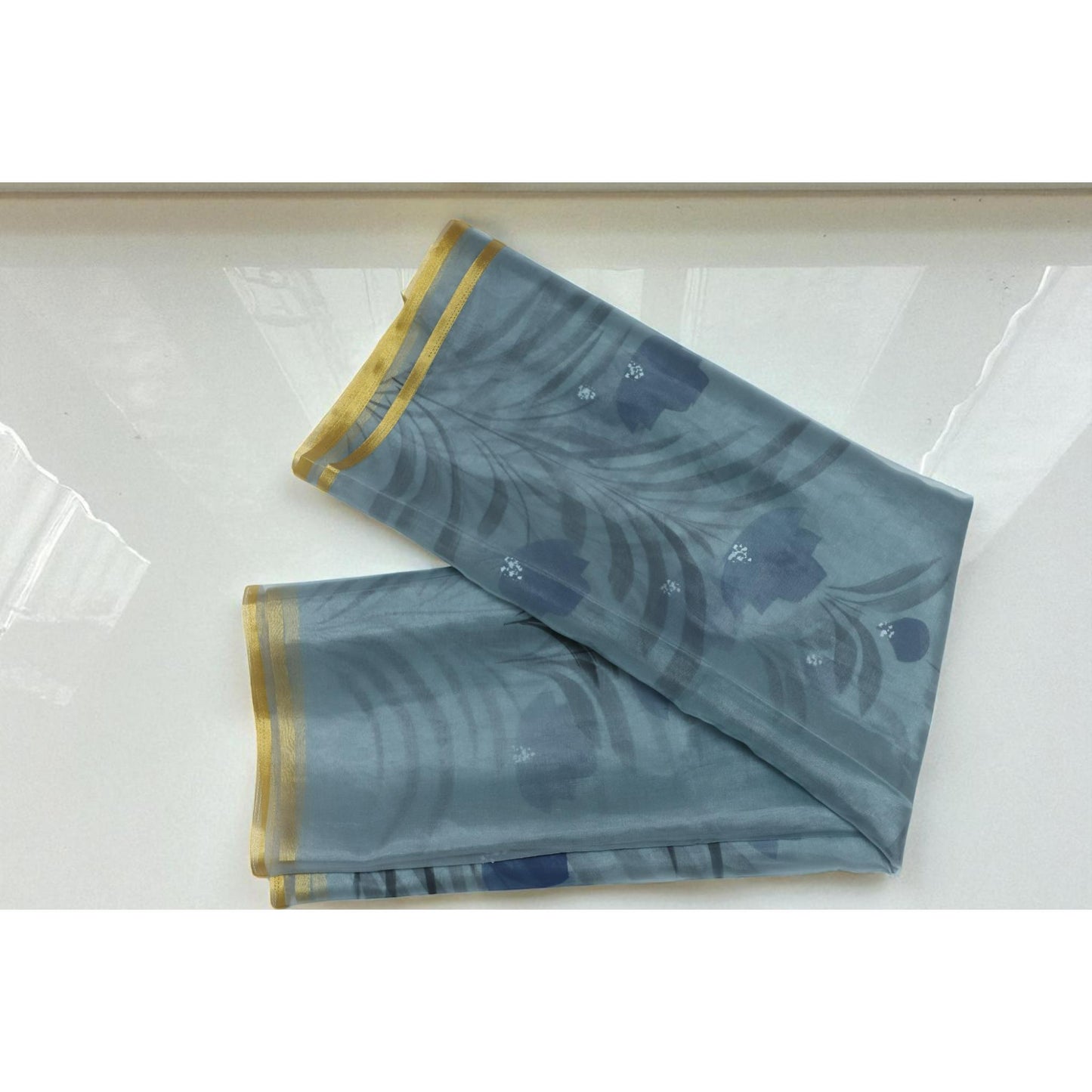 Grey Hand Painted Organza Saree