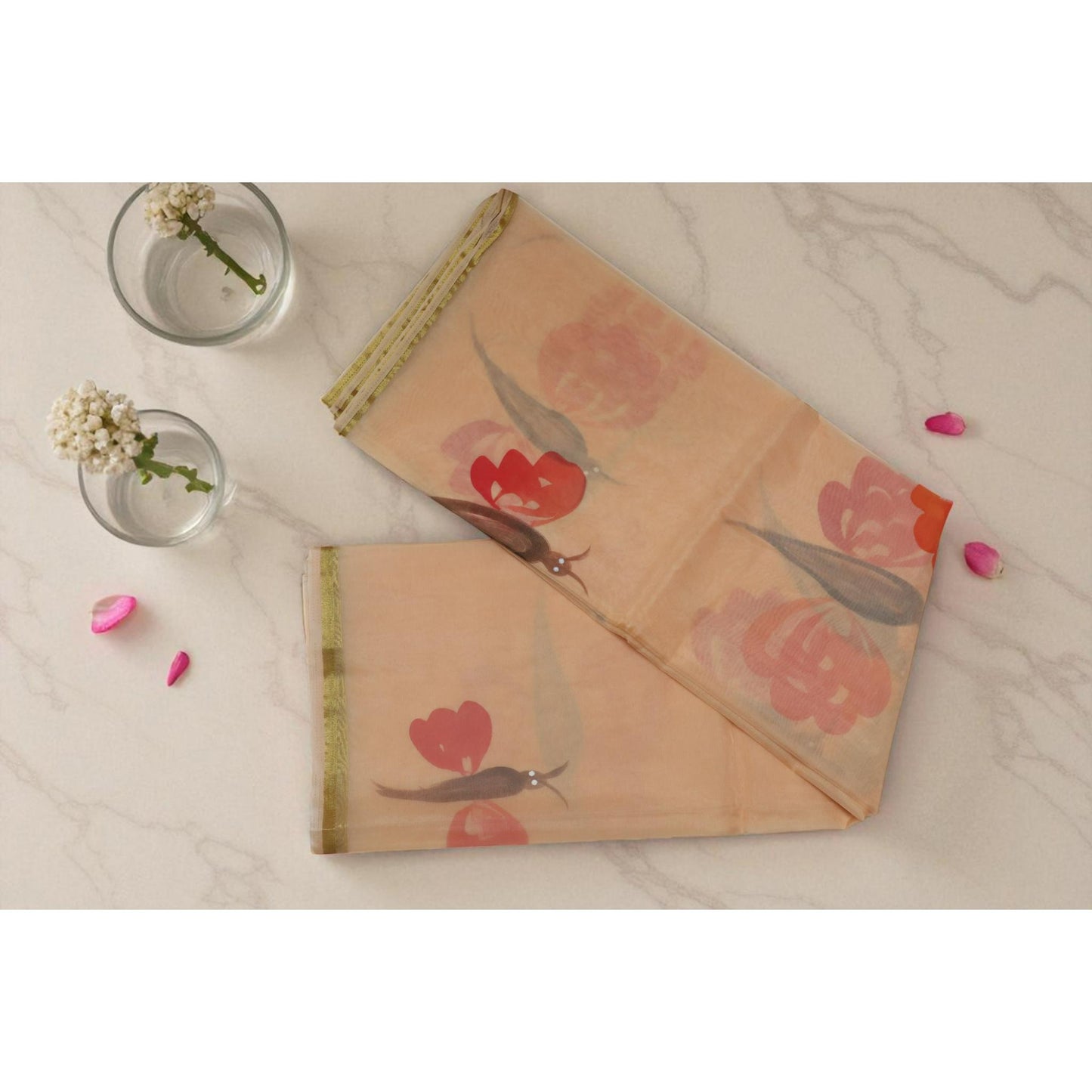 Orange Hand Printed Organza Saree