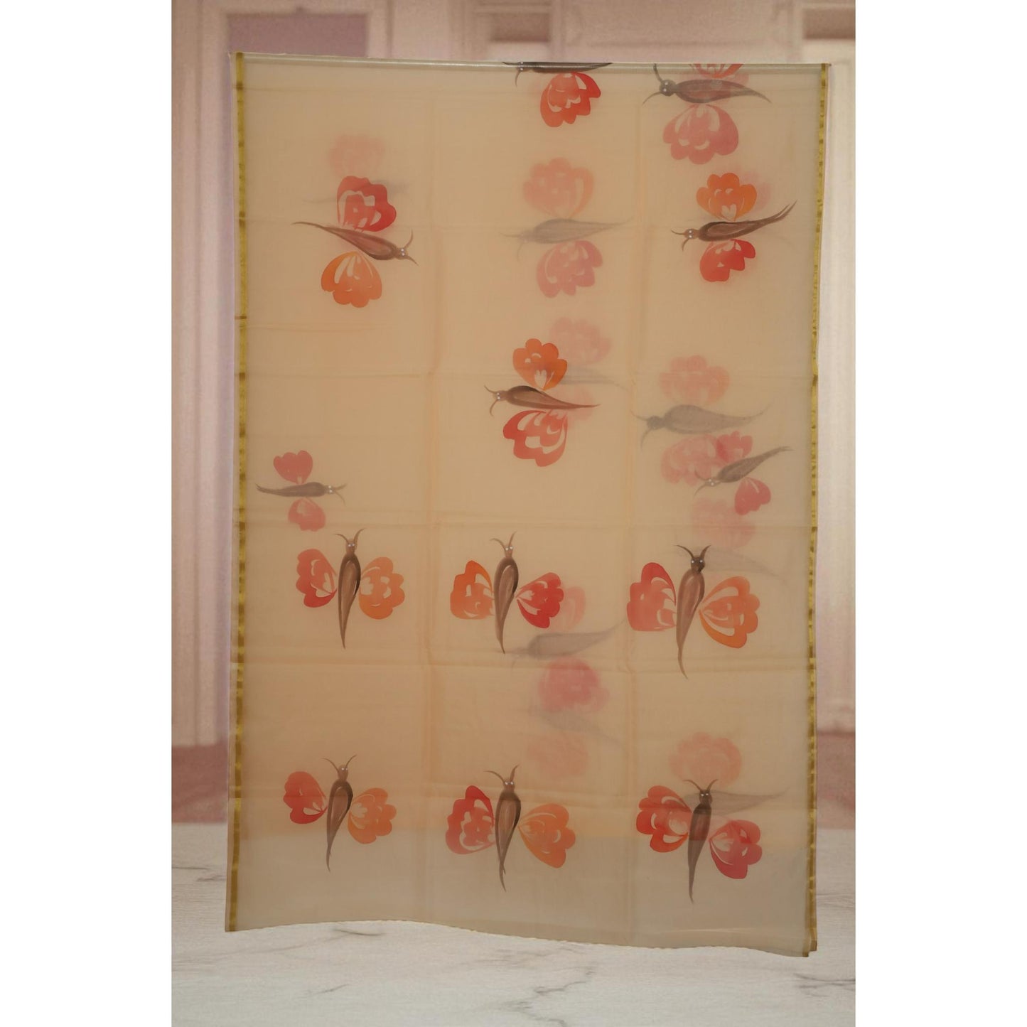 Orange Hand Printed Organza Saree