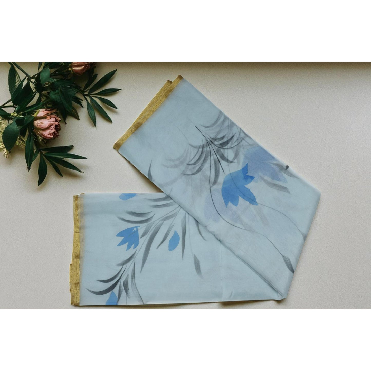 English Blue Hand Painted Organza Saree