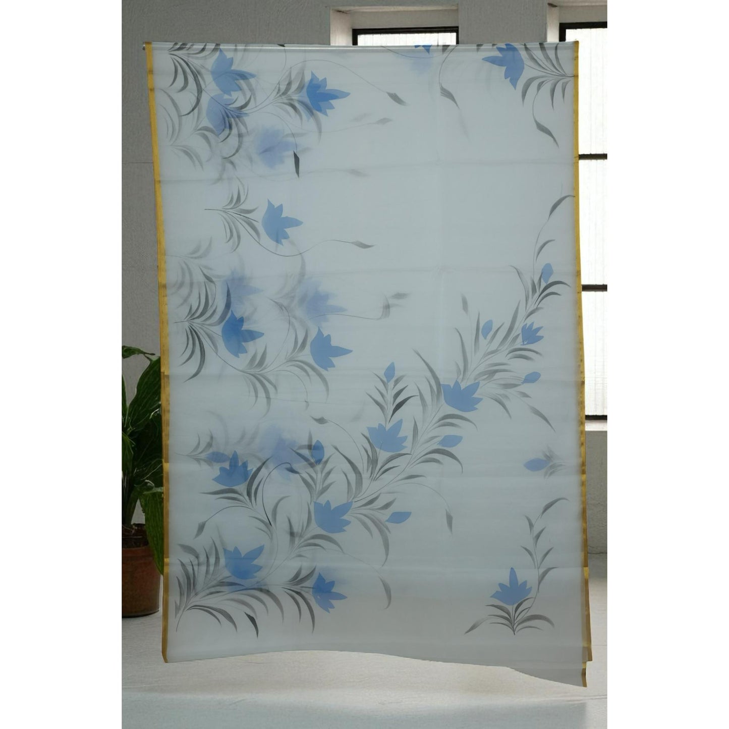 English Blue Hand Painted Organza Saree