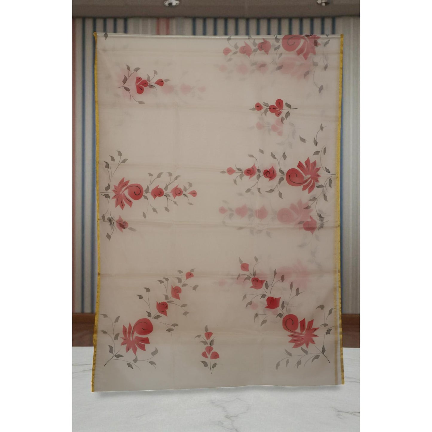 Beige Hand Painted Organza Saree