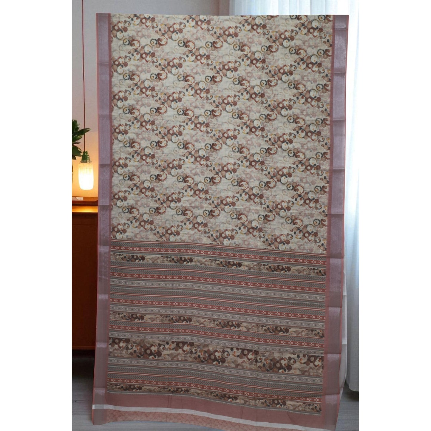 Beige and Rust Linen Geometric Printed Saree
