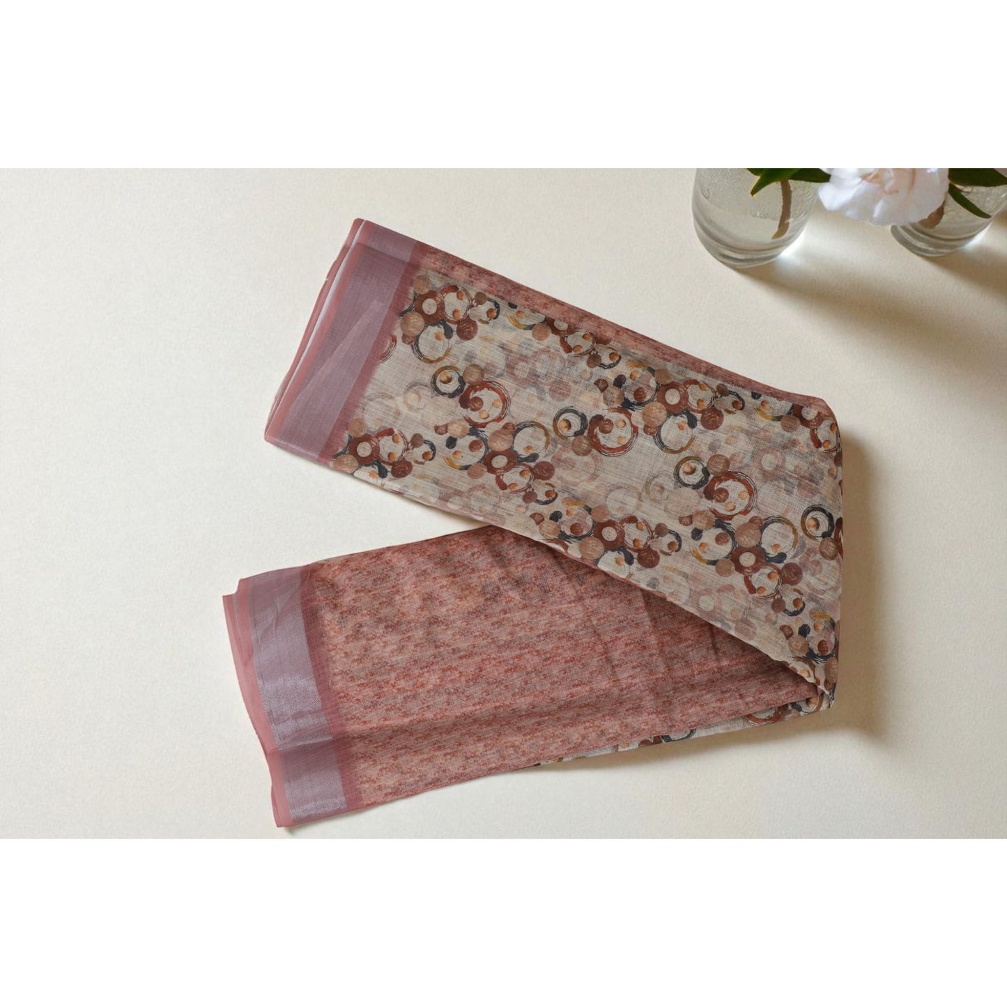 Beige and Rust Linen Geometric Printed Saree