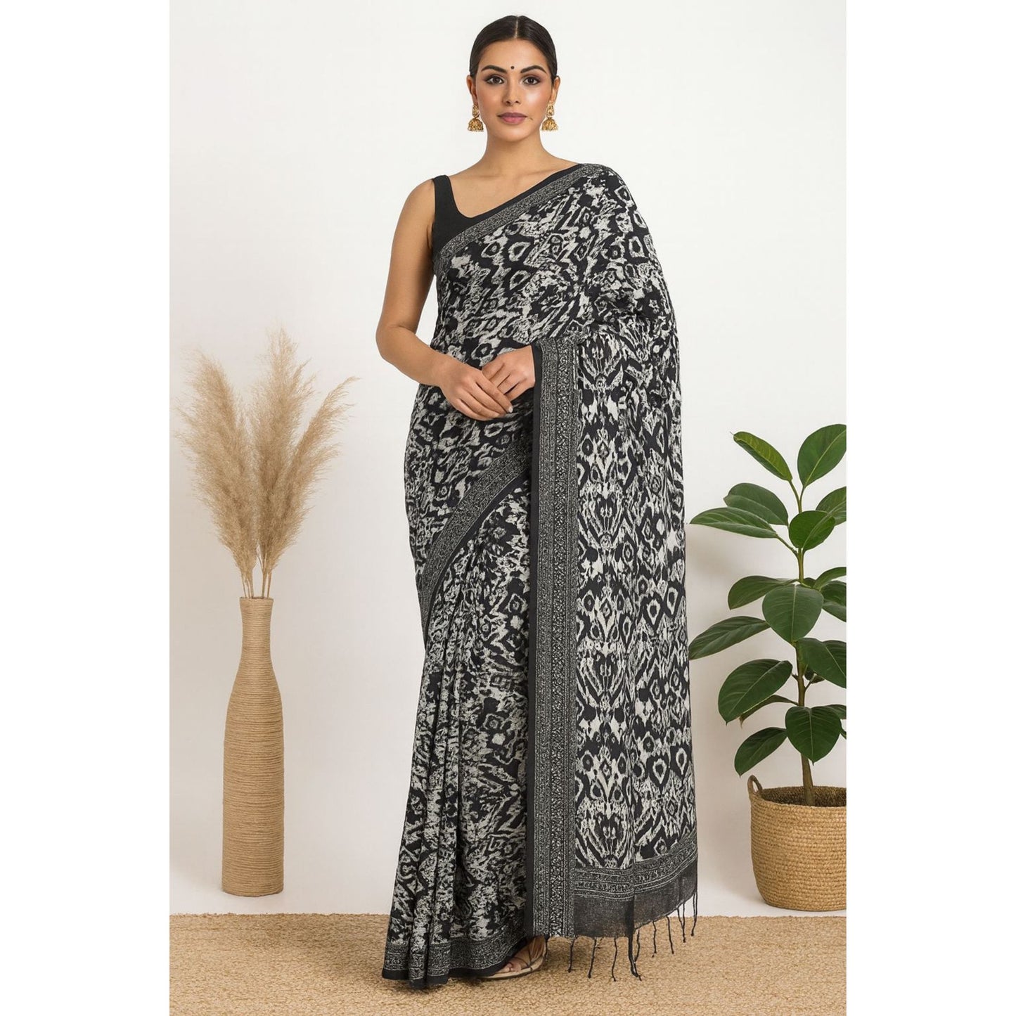 Black White Satin Saree