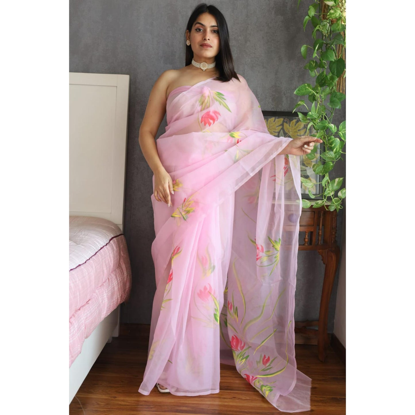 Pink Hand Painted Organza Saree