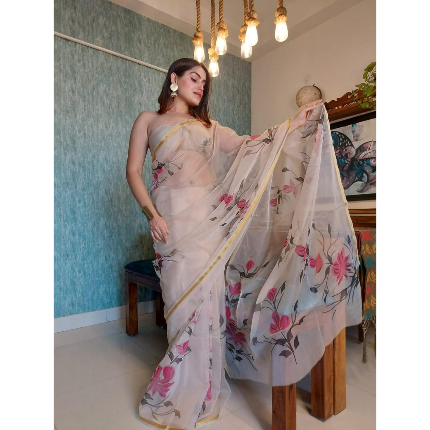 Beige Hand Painted Organza Saree