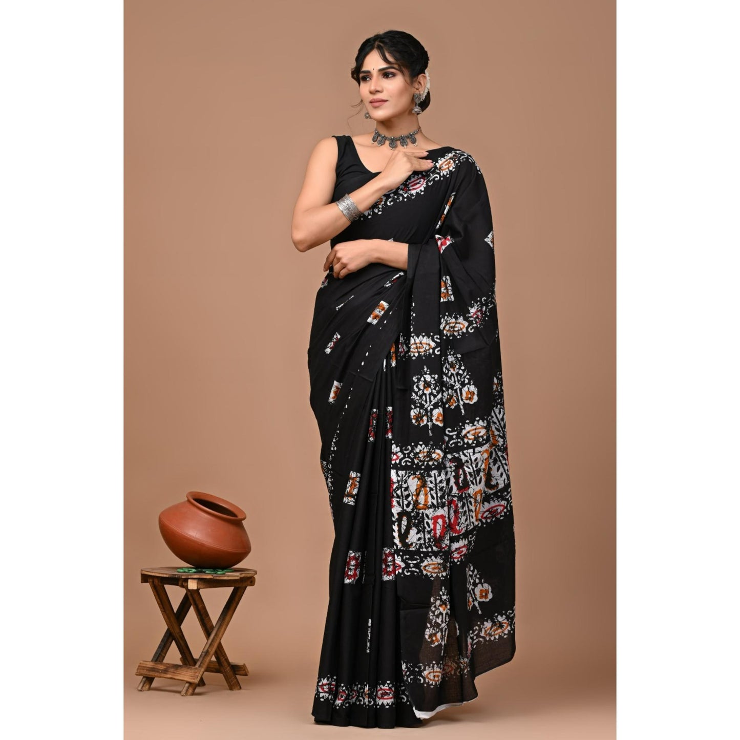 Black Tie & Dye Print Mul Cotton Saree