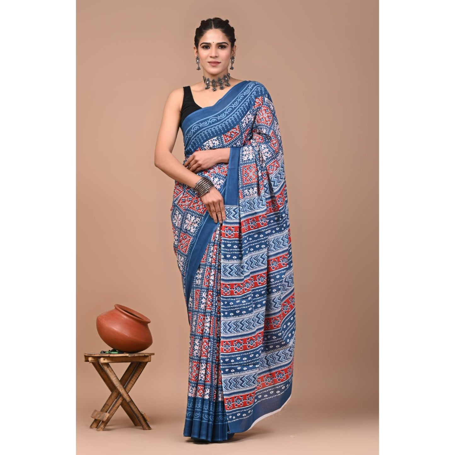 Navy Blue Mul Cotton Saree