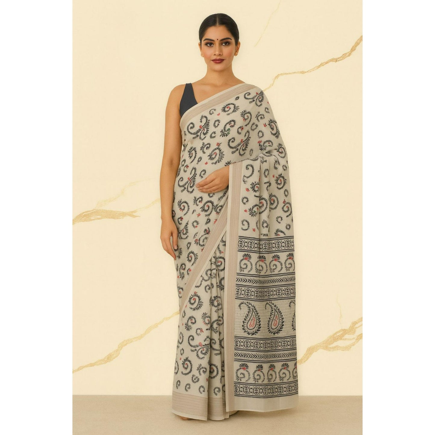 Cream and Black Geometric Print Dola Silk Saree