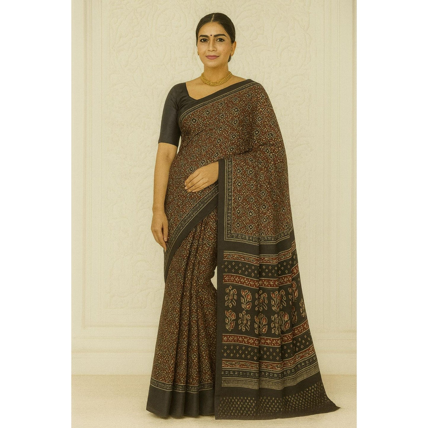 Maroon Black Ajrakh Print Cotton Saree