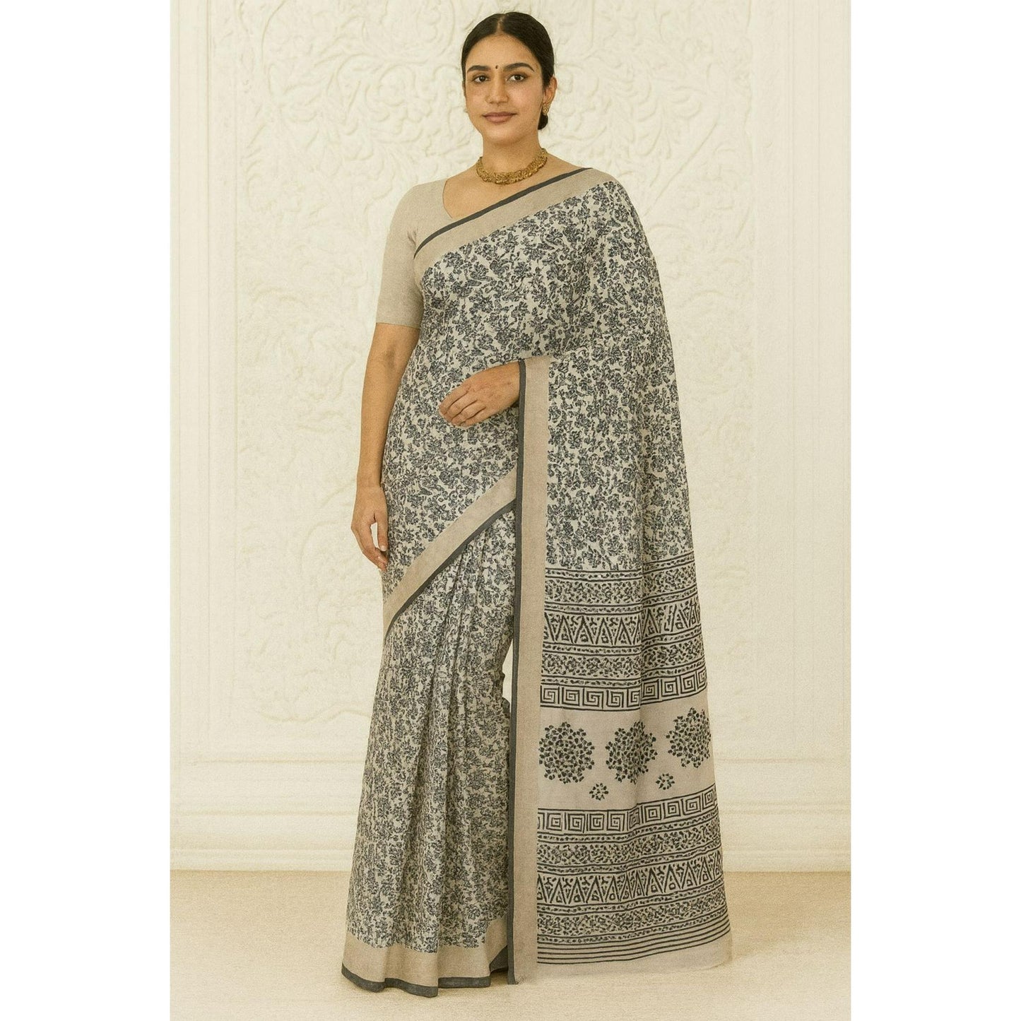 Cream and Black Floral Dola Print Saree