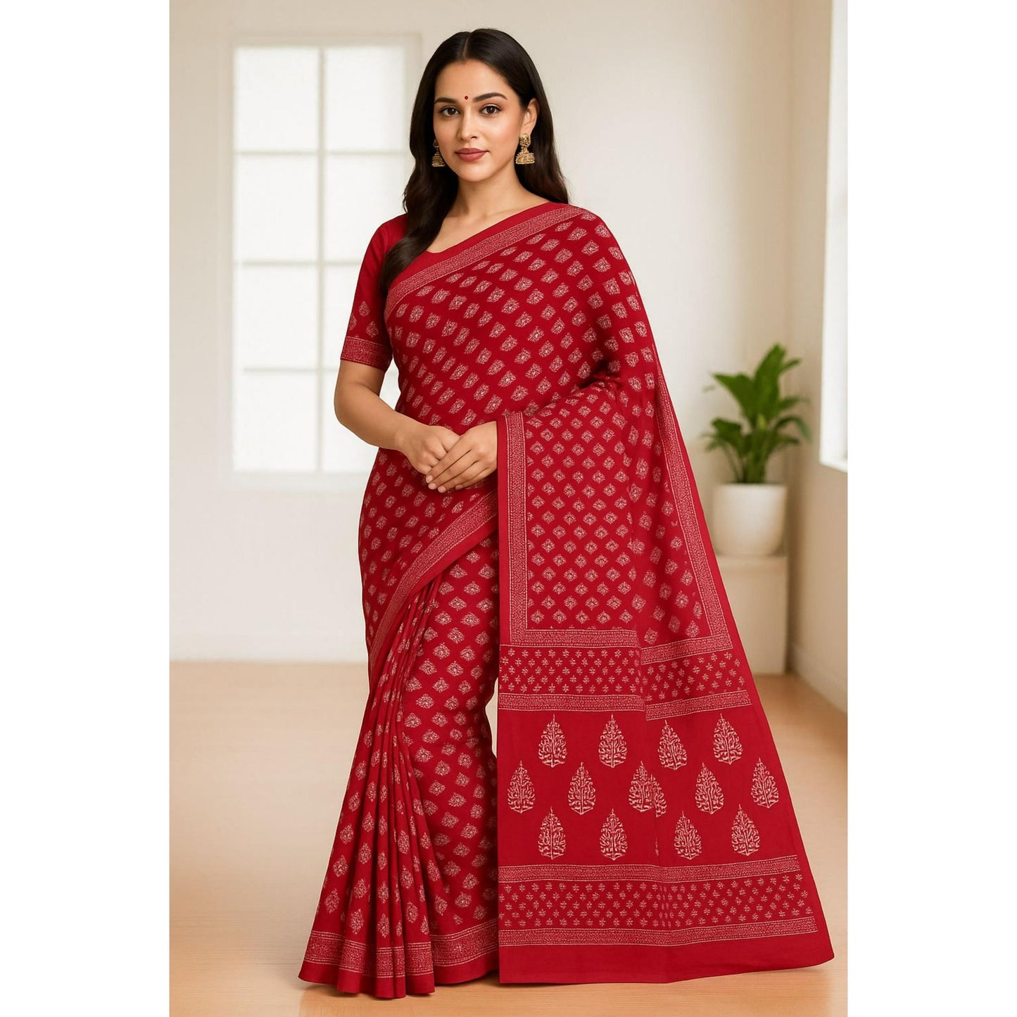Red Block Print Cotton Saree