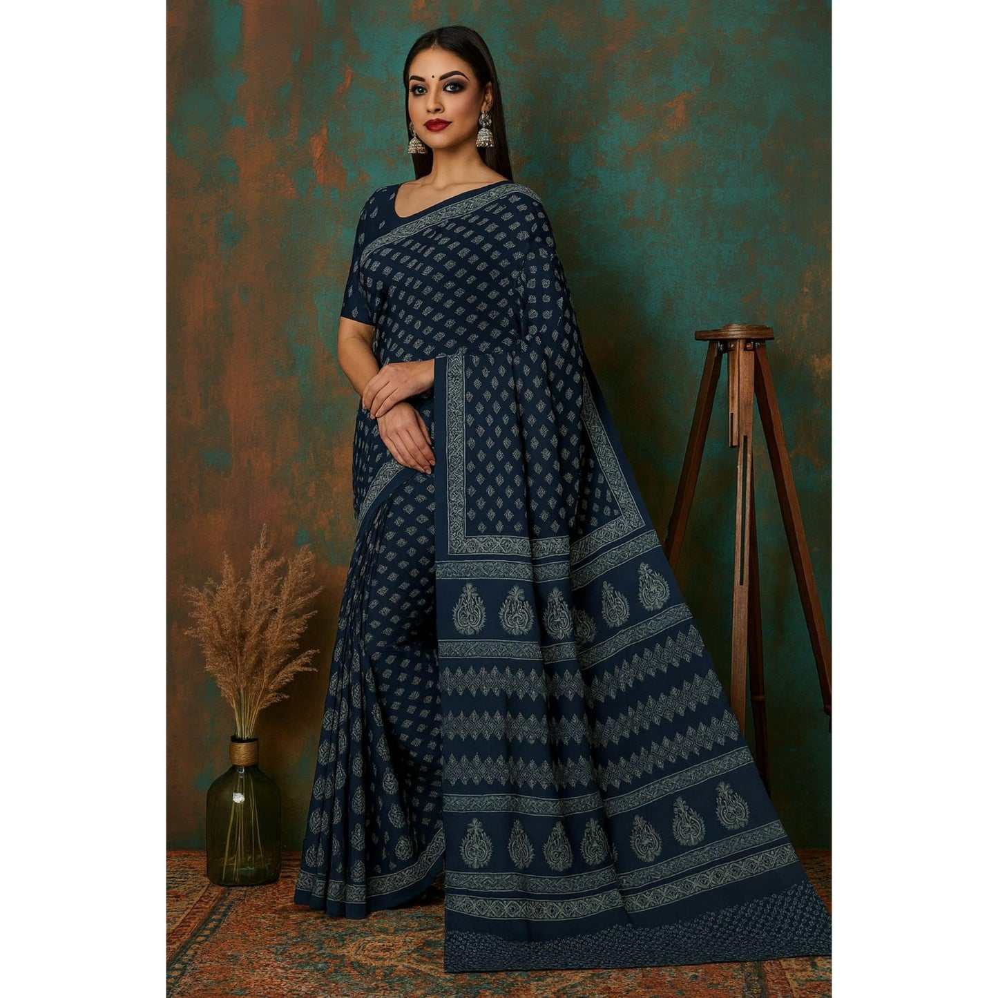 Charcoal Blue Block Print Cotton Saree