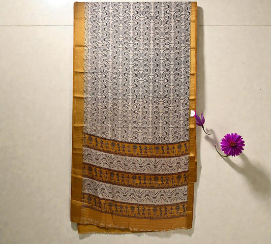 Beige & Mustard Worli Art Dola Silk Saree