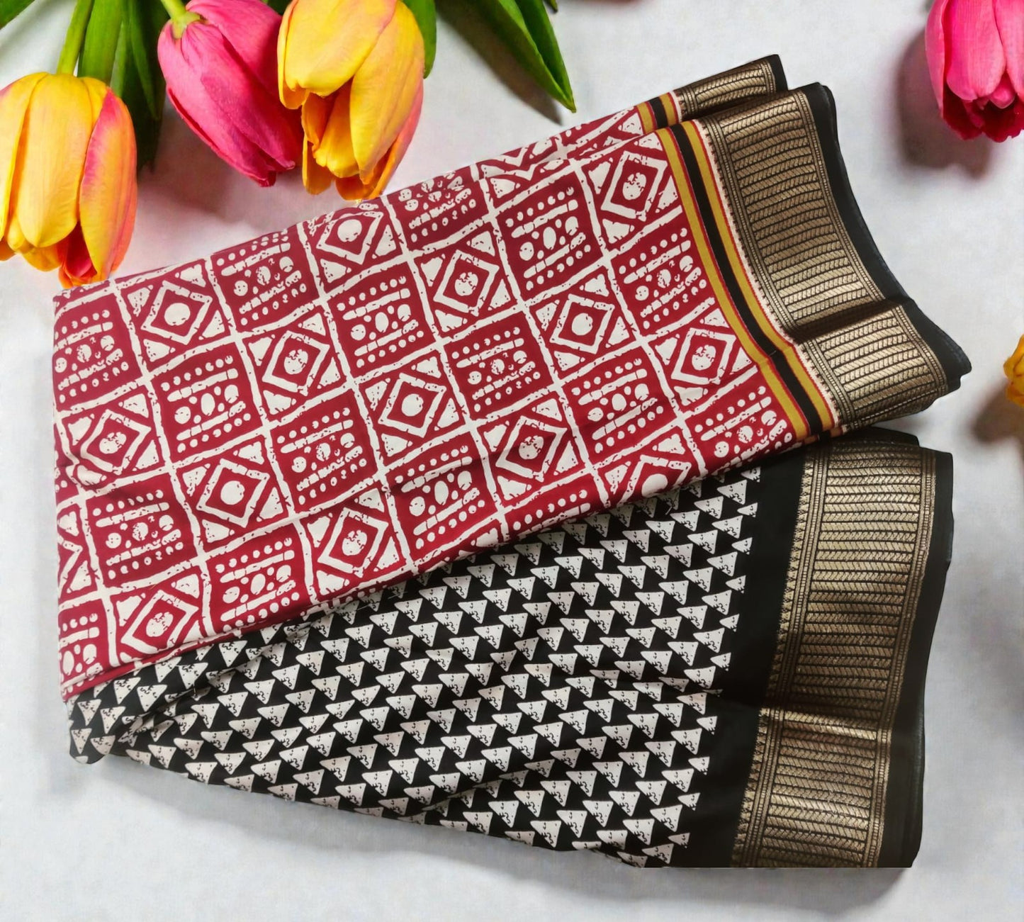 Red, Black & White Geometric Print Dola Silk Saree