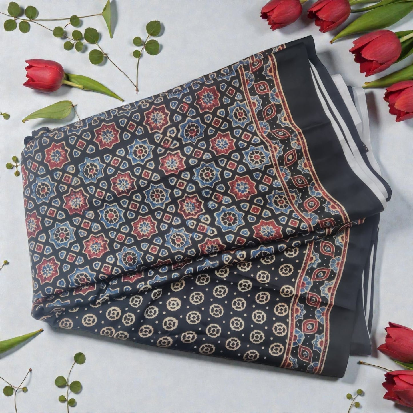 Black & Pink Ajarkh Print Modal Silk Saree