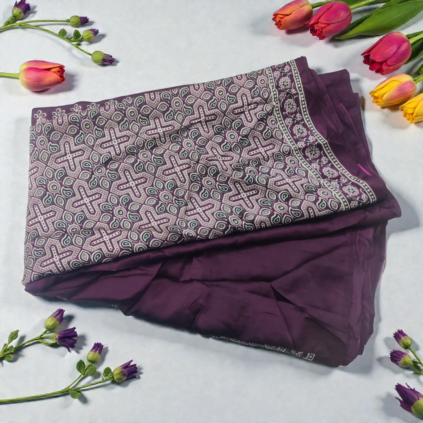 Purple Ajarkh Print Modal Silk Saree