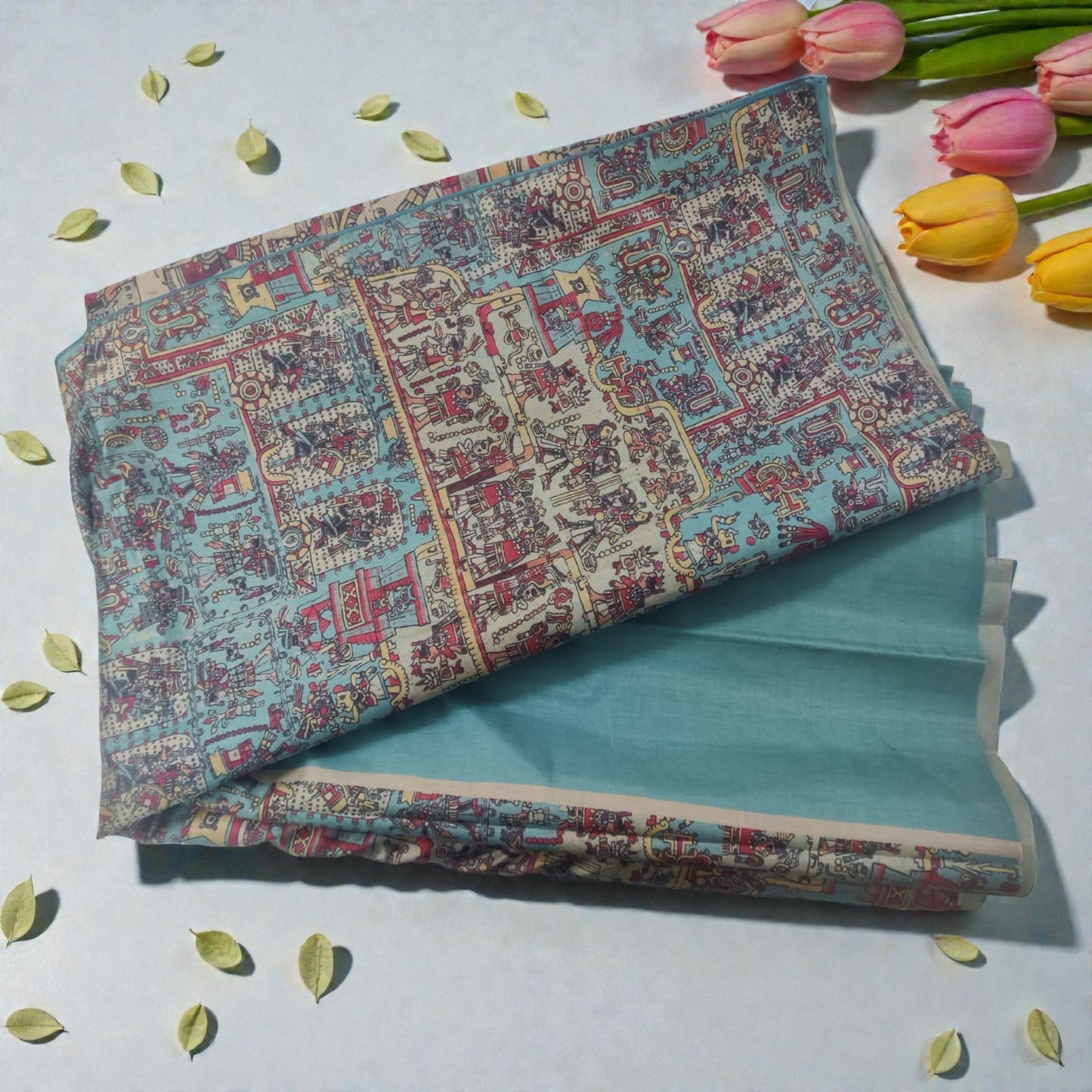 Turquoise Blue Madhubani Print Art Silk Saree