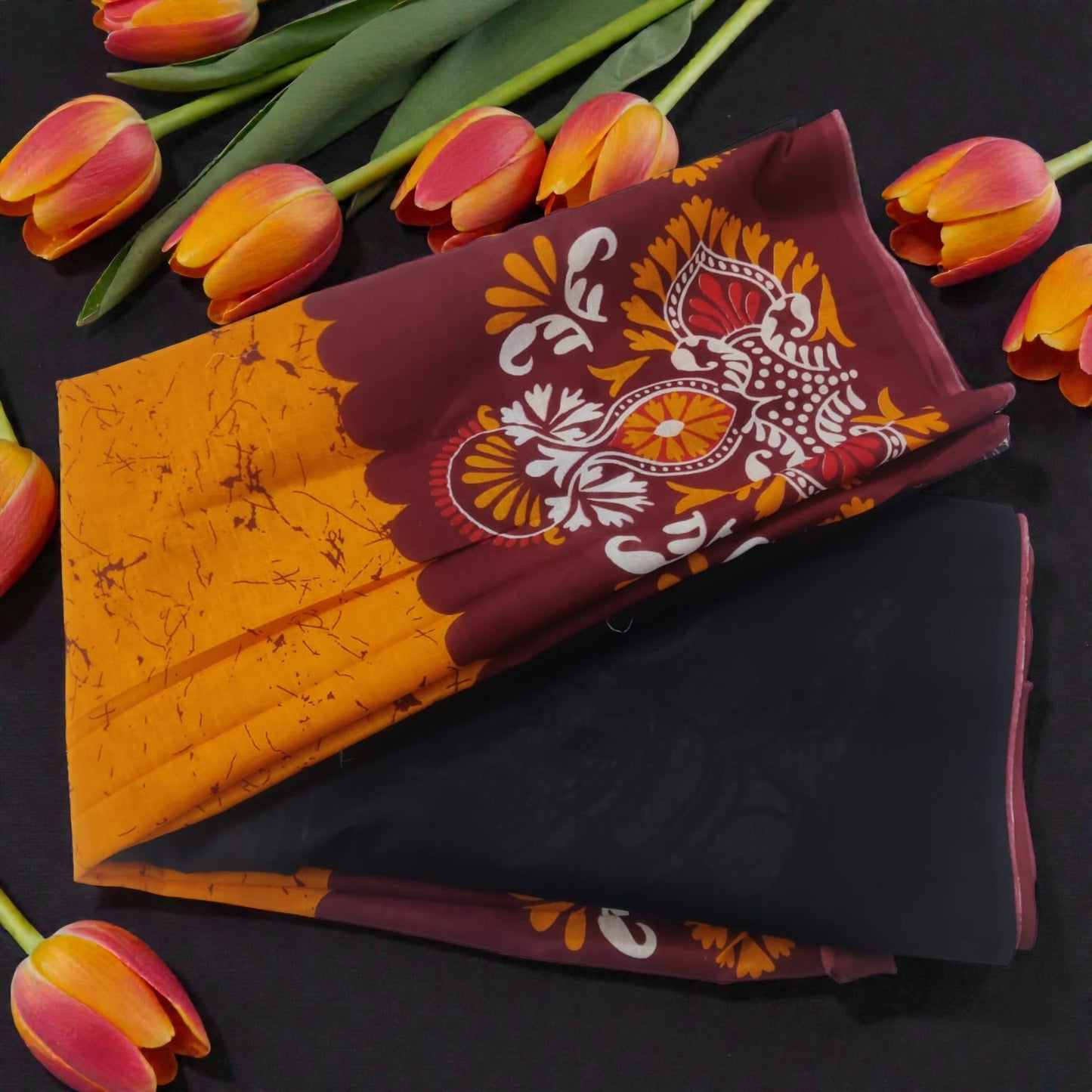 Yellow Maroon Batik Print Mul Cotton Saree