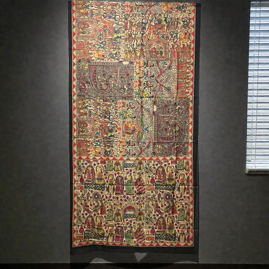 Black & Biege Madhubani Print Art Silk Saree