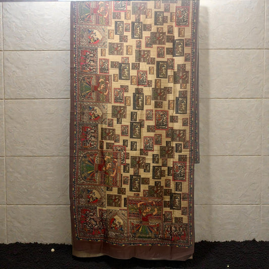 Dark Brown & Beige Madhubani Print Art Silk Saree