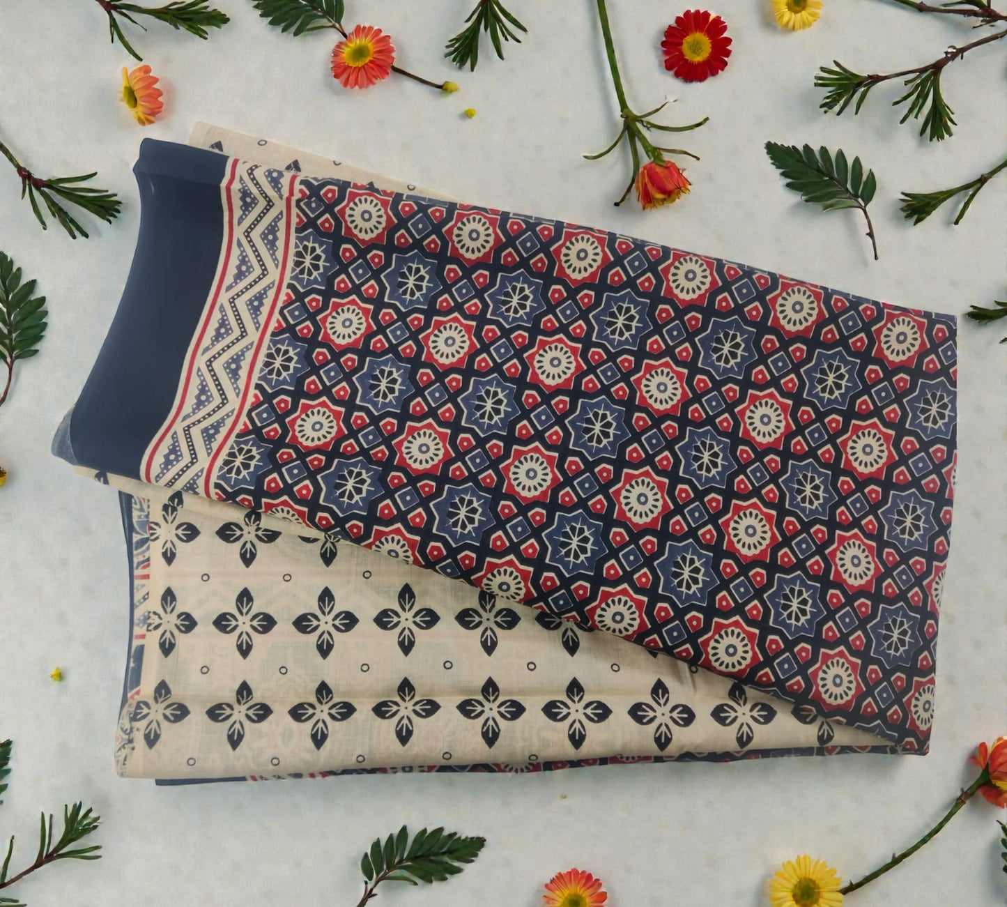 Multicolor Ajarkh Print Mul Cotton Saree