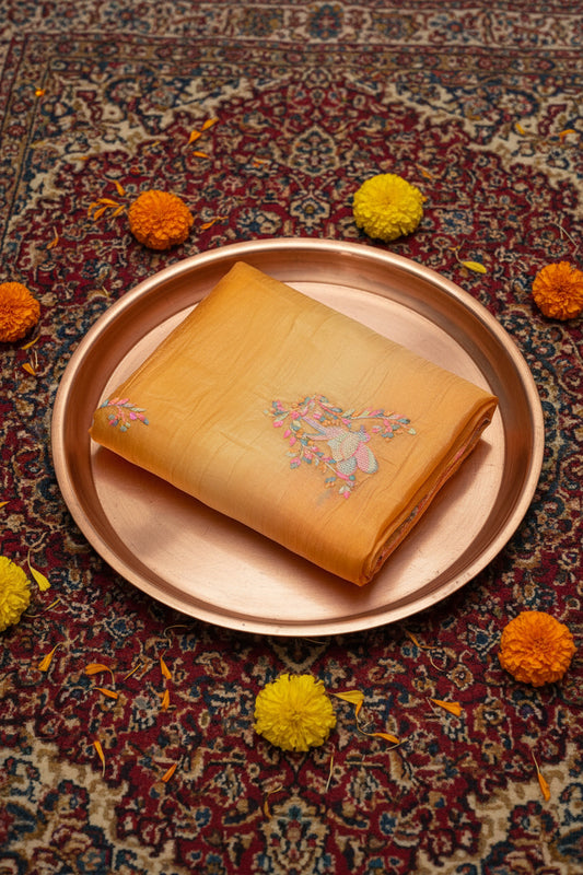 Orange Ombre Embroided Crushed Soft Silk Saree
