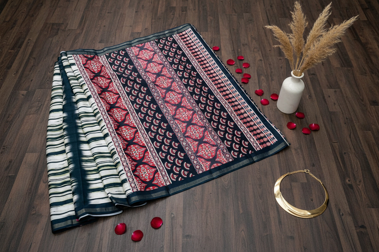 Bottle Green and White Ajarakh Pallu Cotton Silk Sari