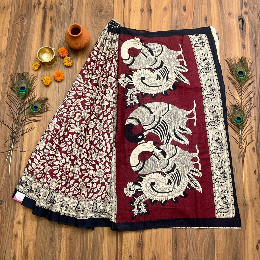 Marron Black Kalamkari Print Pallu Cotton Sari