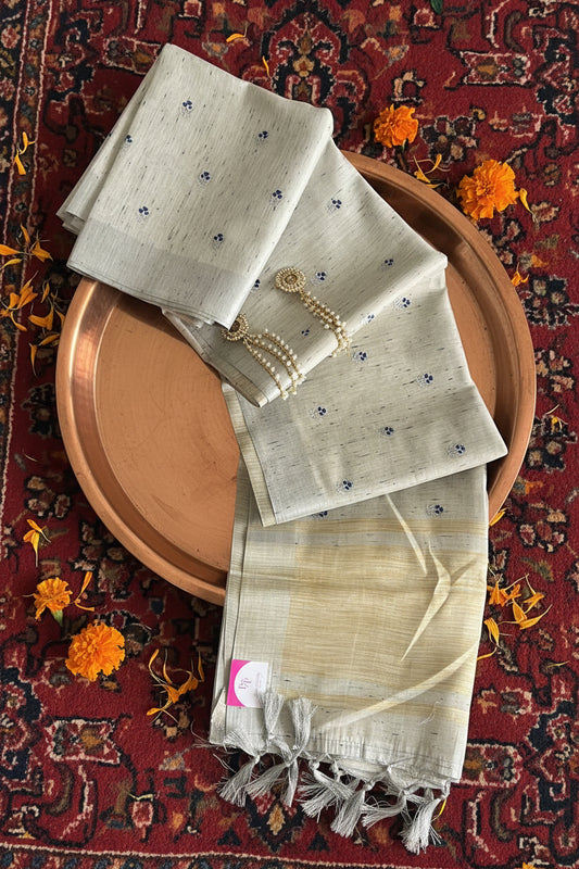 White and Golden Embroided Khadi Silk Saree