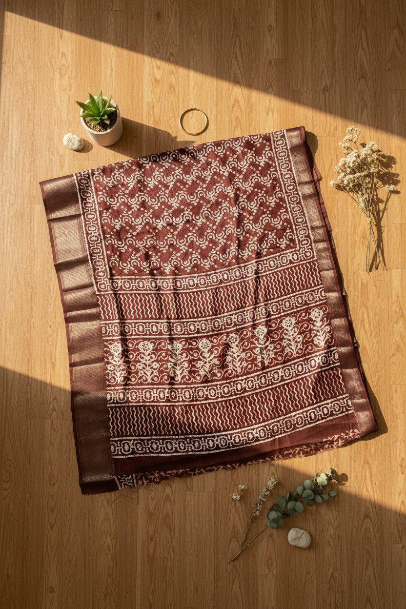 Brown Geometric Print Dola Silk Saree