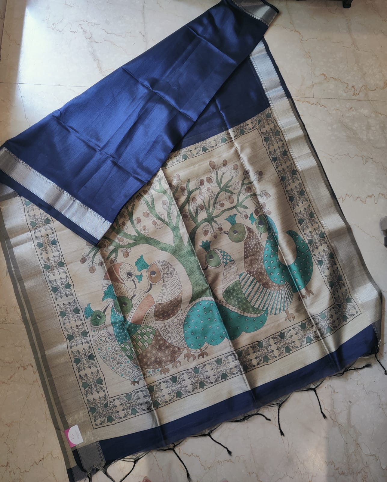 Dark Blue Kalamkari Pallu Raw Silk Saree