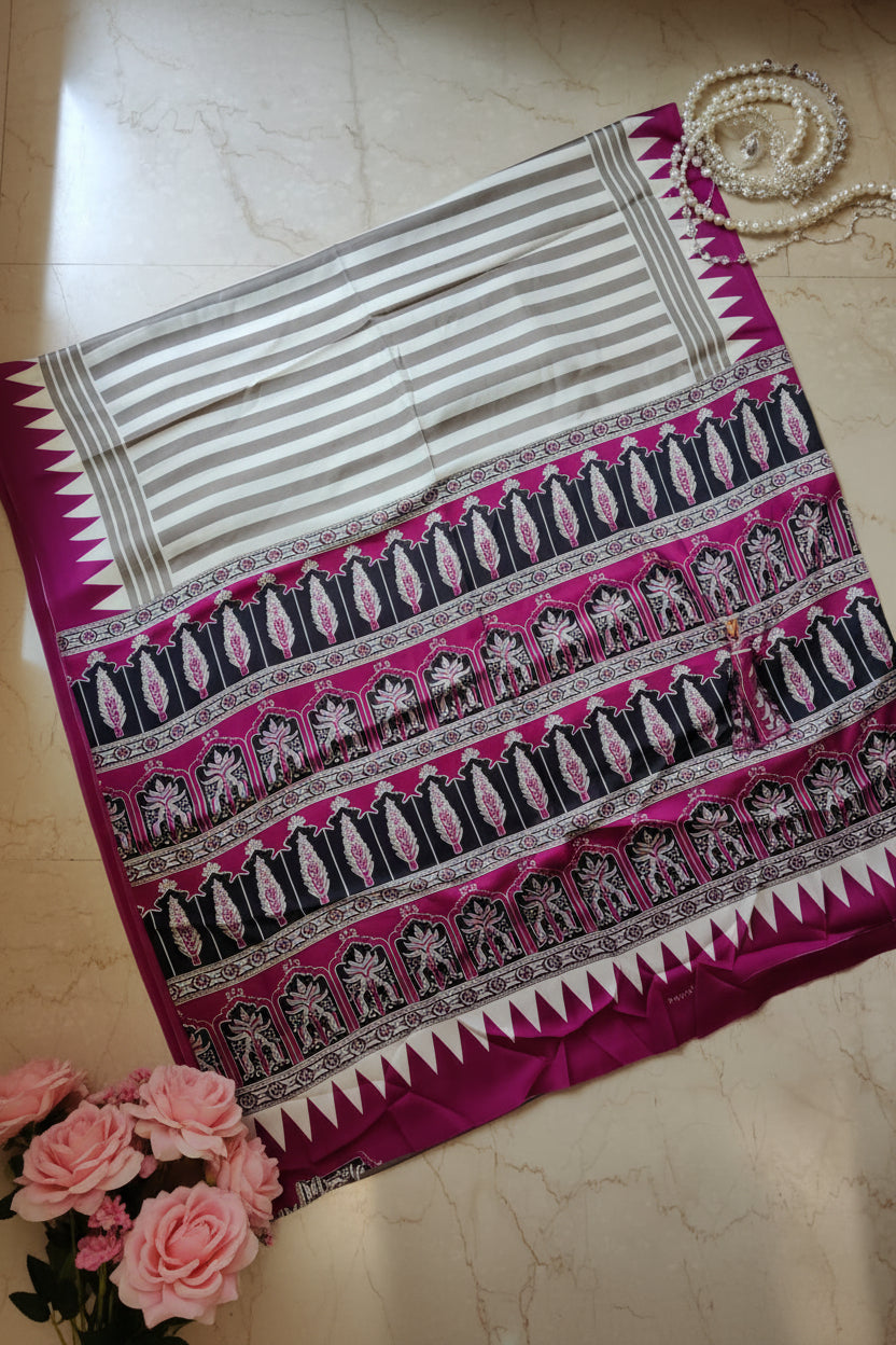 White and Wine Geometric print Satin Saree