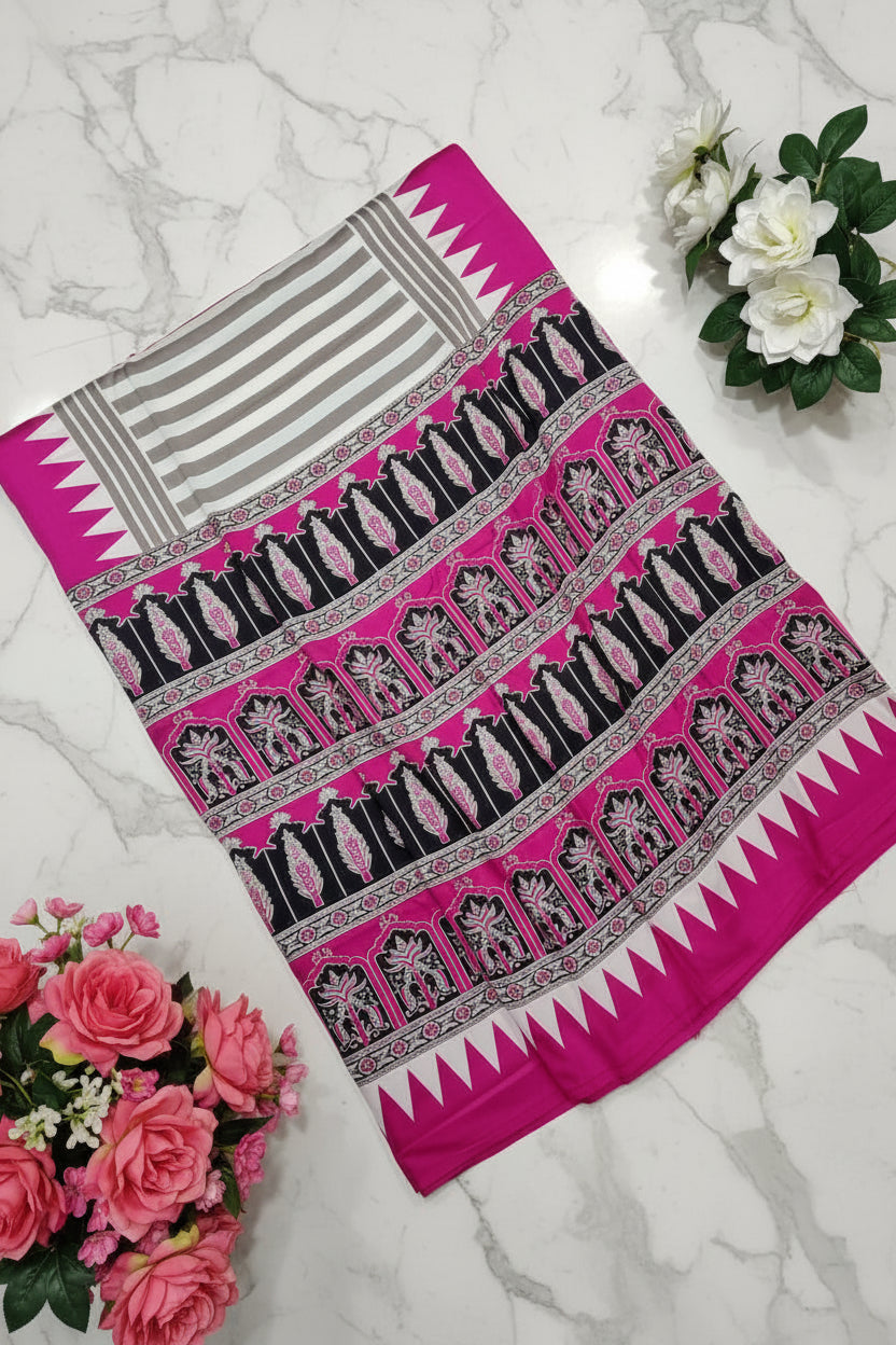 White and Magenta Satin Saree