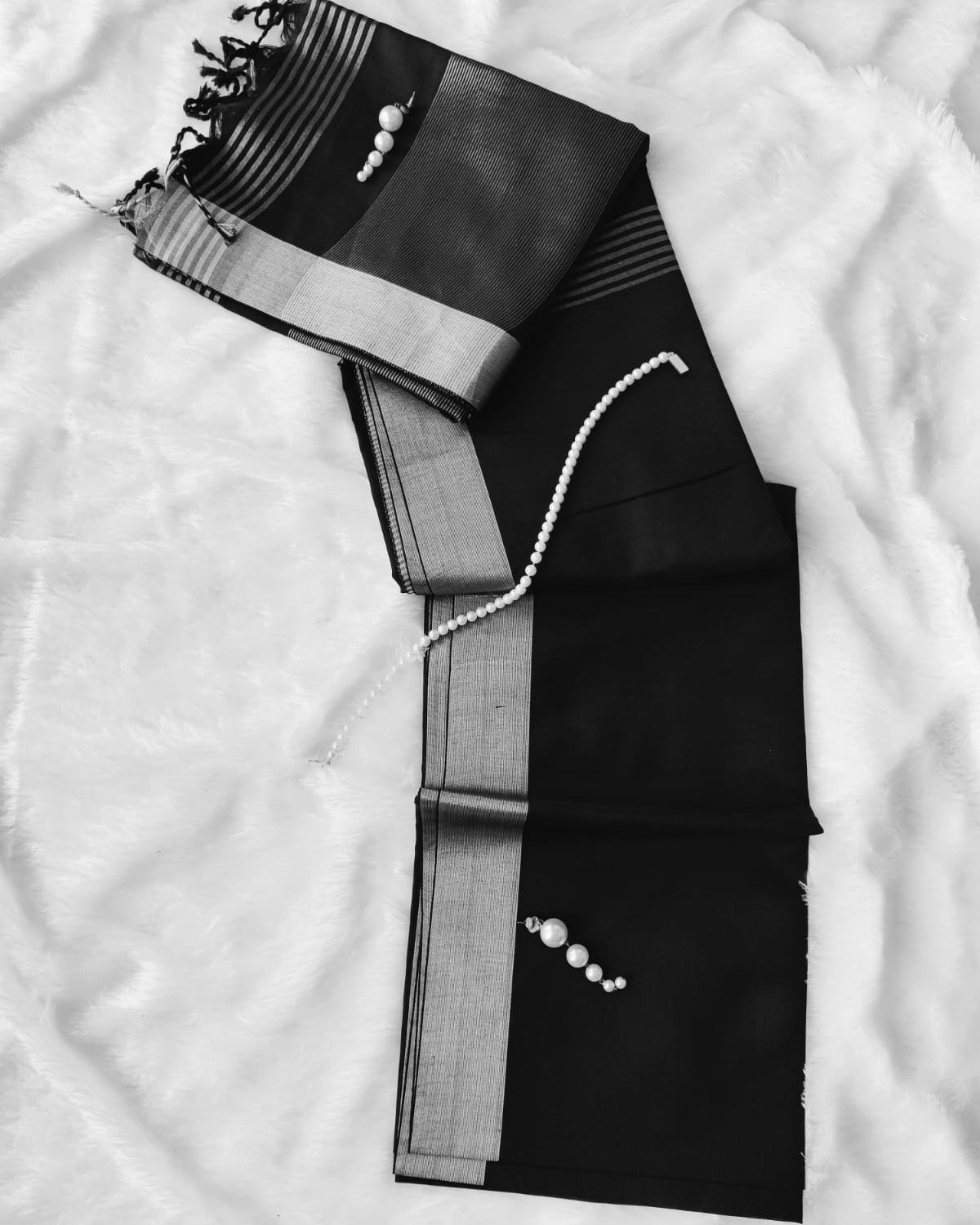 Black Linen Saree with Silver Border