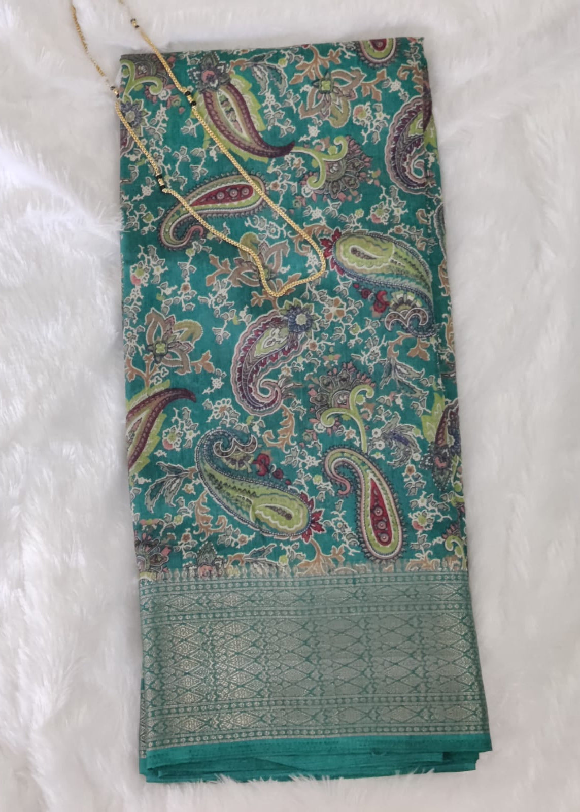 Rama Green Paisley Print Dola Silk Saree