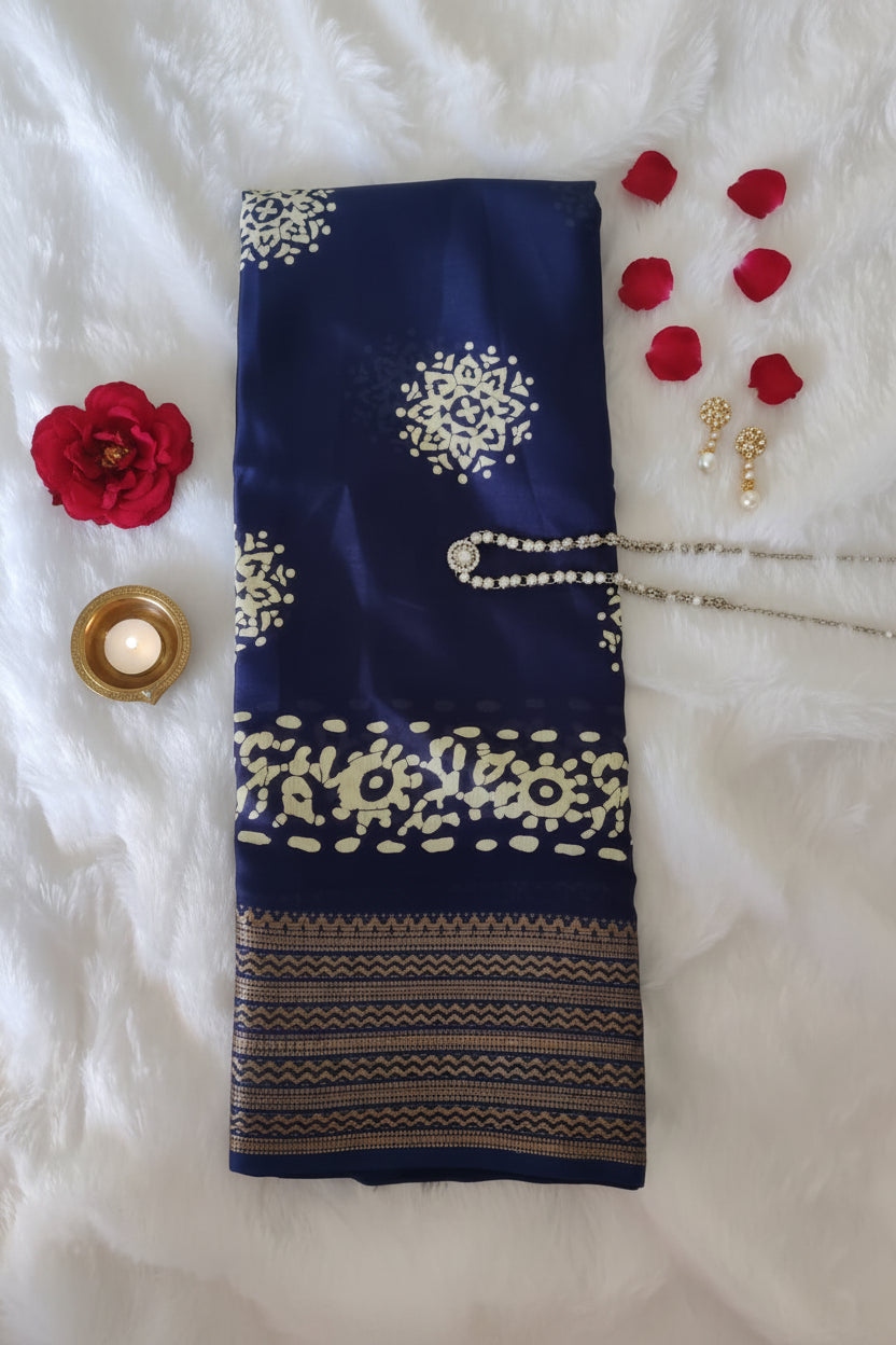 Navy Blue Floral Print Dola Silk Saree
