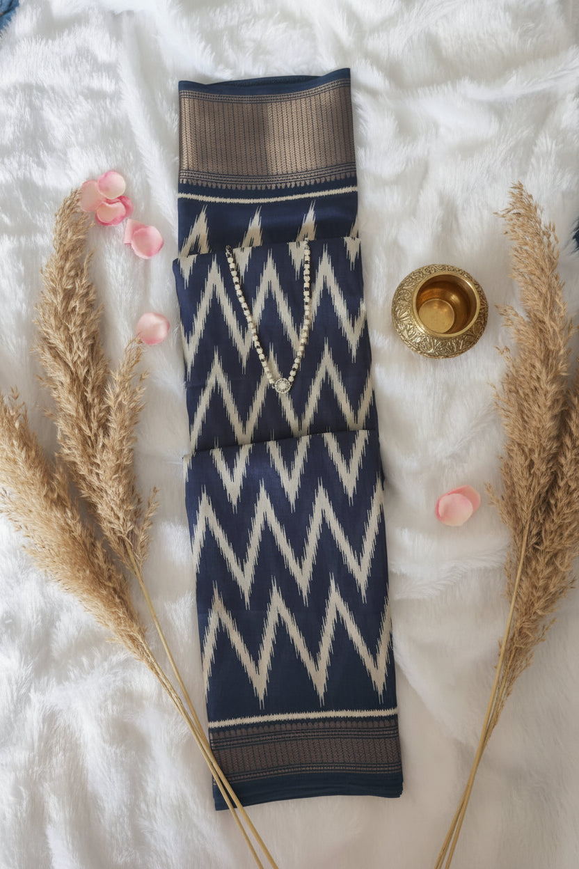 Navy Blue Zig Zag Print Dola Silk Saree