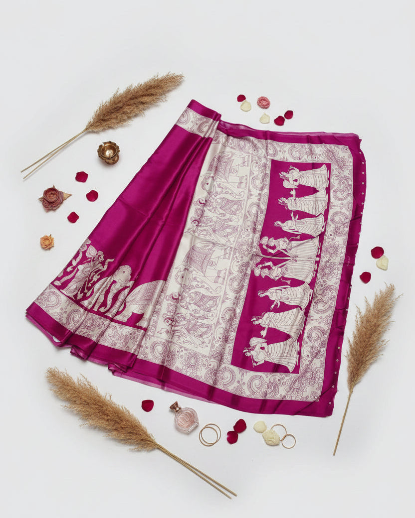 Bright Pink Kalamkari Print Satin Saree