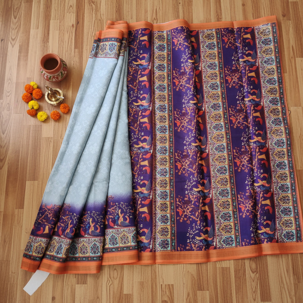 Sky Blue Purple Kalamkari Pallu Cotton Silk Saree