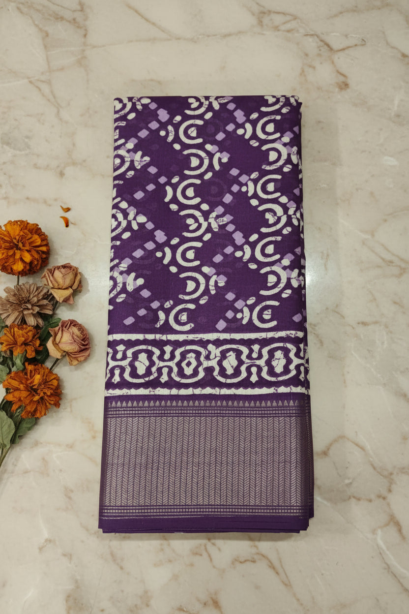 Purple Geometric Print Dola Silk Saree