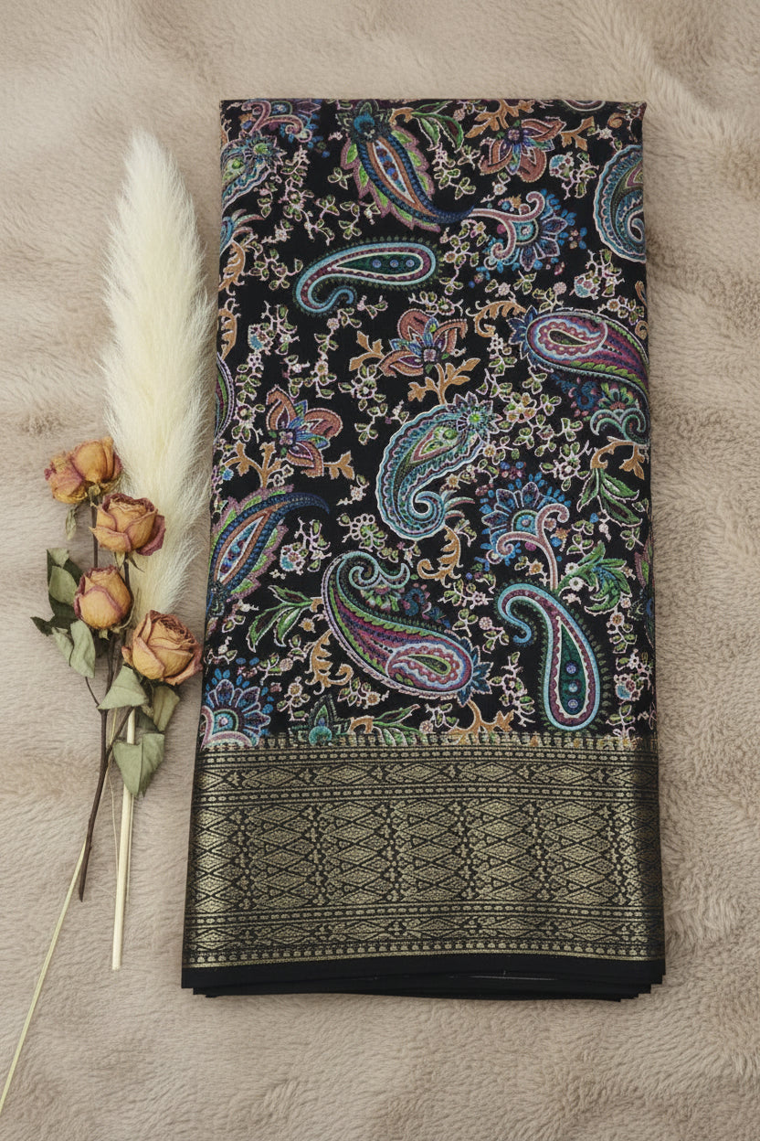Black Paisley Print Dola Silk Saree