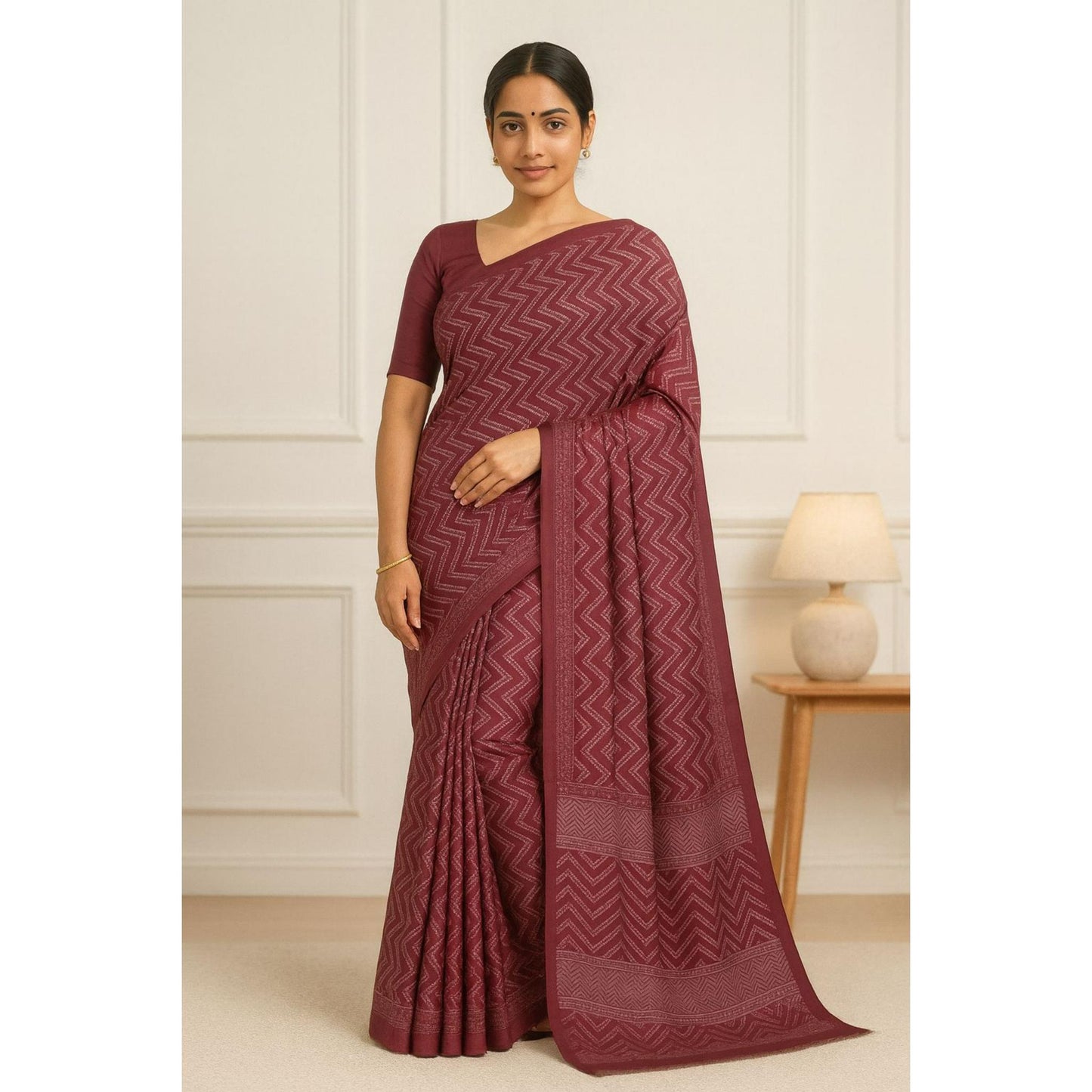 Rust Zig Zag Print Dola Silk Saree
