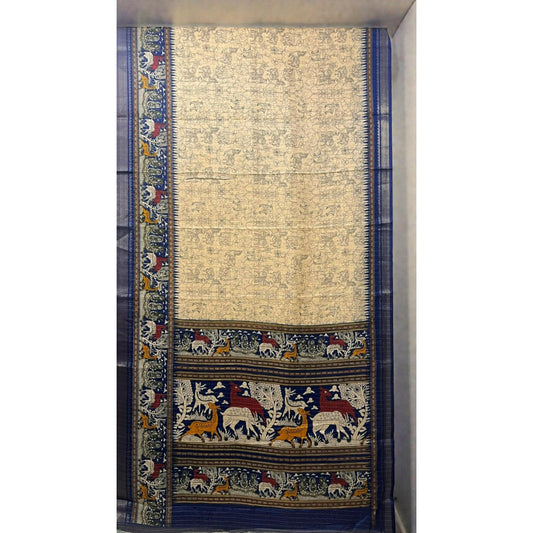 Biege & Blue Animal Print Dola Silk Saree