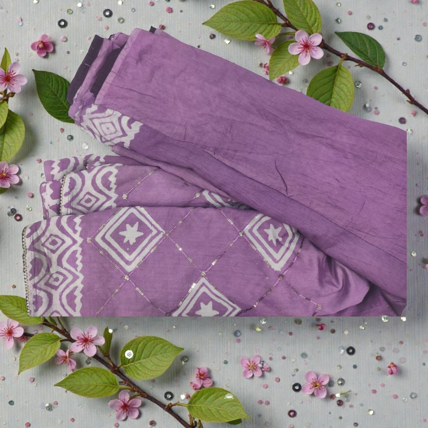 Lavender Sequence Batik Print Cotton silk Saree