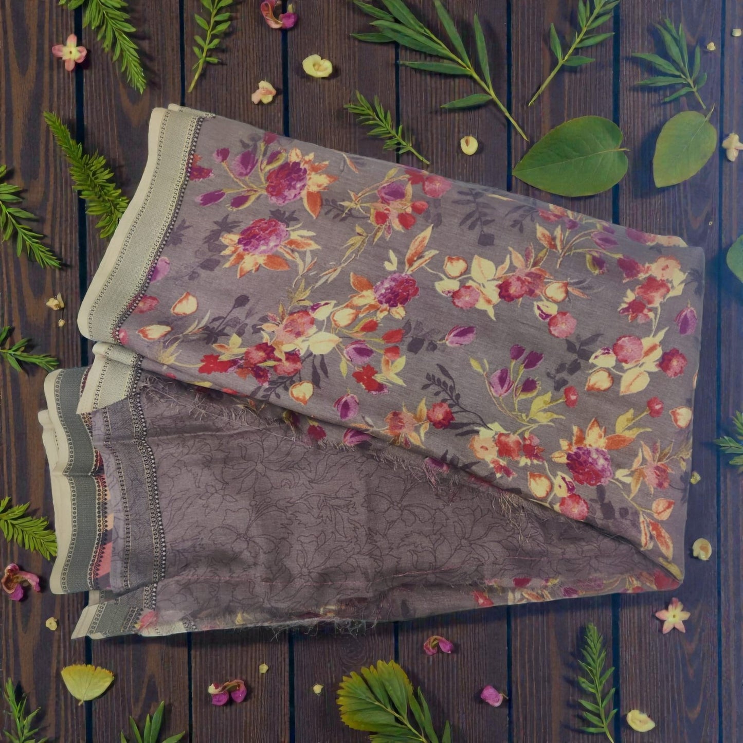 Brown Floral Print Wollen Saree