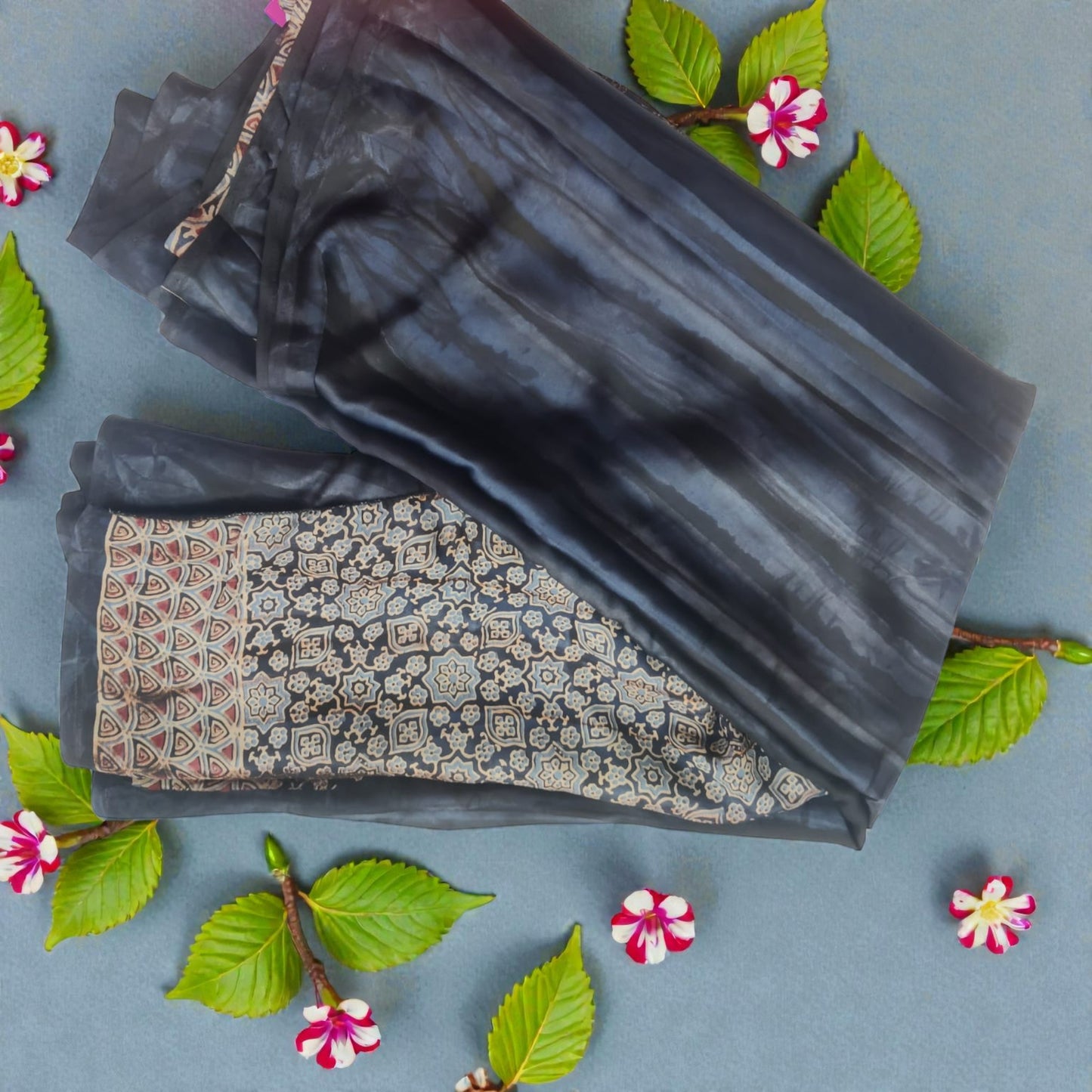 Dark Blue Marbel Print Satin Silk Saree